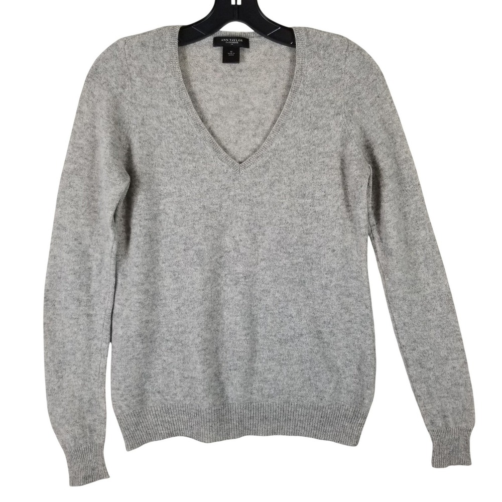Ann Taylor V-Neck Sweater Womens Medium Grey 100% Cashmere Long Sleeve Pullover